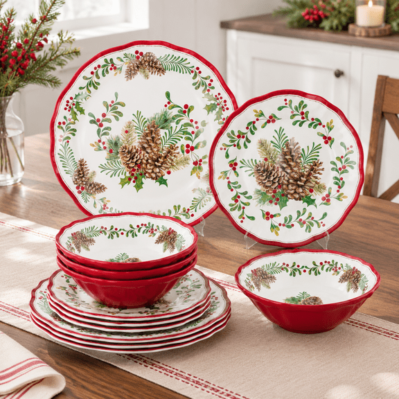 12 Piece Pinecones Dinnerware Set for 4, Outdoor Dishes with Red Edges, Christmas Tableware