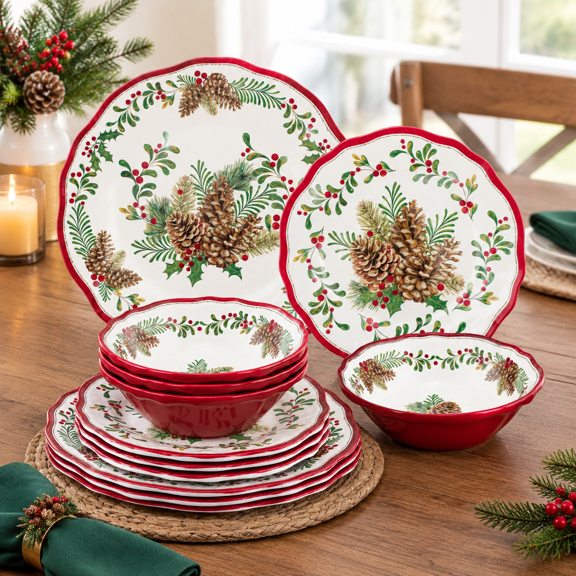 12 Piece Pinecones Dinnerware Set for 4, Outdoor and Indoor Dishes with Festive Christmas Designs