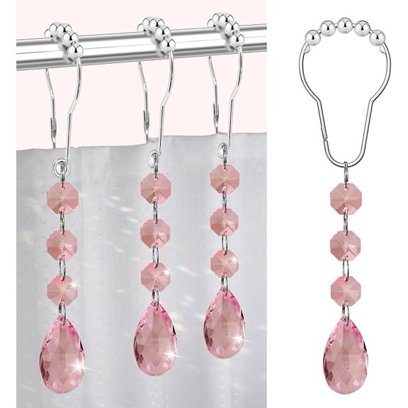 12 Piece Pink Gemstone Crystal Bead Shower Curtain Rings Stainless Steel