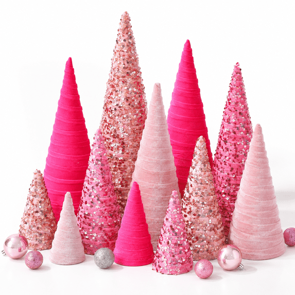 12-Piece Pink Sequin Cone Trees Table Centerpieces for Holiday Decor ...