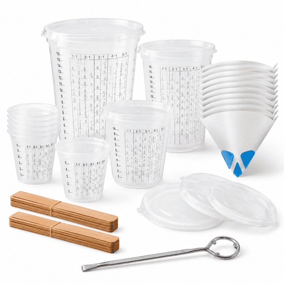 12-Piece Plastic Mixing Cup Kit with Lids, Sticks and Paint Can Opener