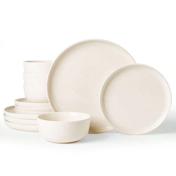 12-Piece Plates And Bowls Sets, Porcelain  Dinnerware Sets For 6 - Chip And Scratch Resistant, Microwave And Dishwasher Friendly, Cream White