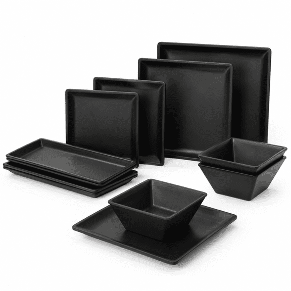 12 Piece Plates And Sets Black Square Dinnerware Set For 4