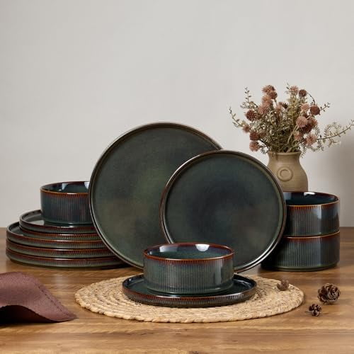 12-Piece Plates and Bowls Sets, Stoneware Dinnerware Dishes Sets for 4, Kitchen Modern Dining Dishware, Chip & Scratch Resistant, Microwave & Dishwasher Safe, Blackish Green