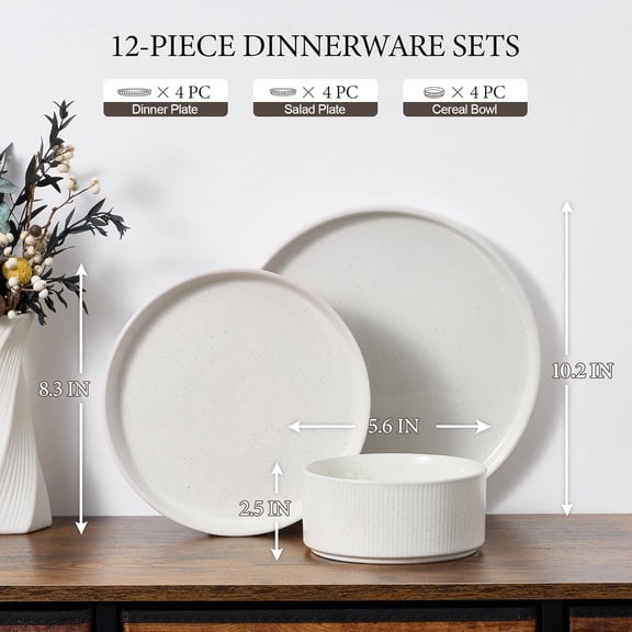 12-Piece Plates and Bowls Sets, Stoneware Dinnerware Dishes Sets for 4, Kitchen Modern Dining Dishware, Chip & Scratch Resistant, Microwave & Dishwasher Safe, Speckled White