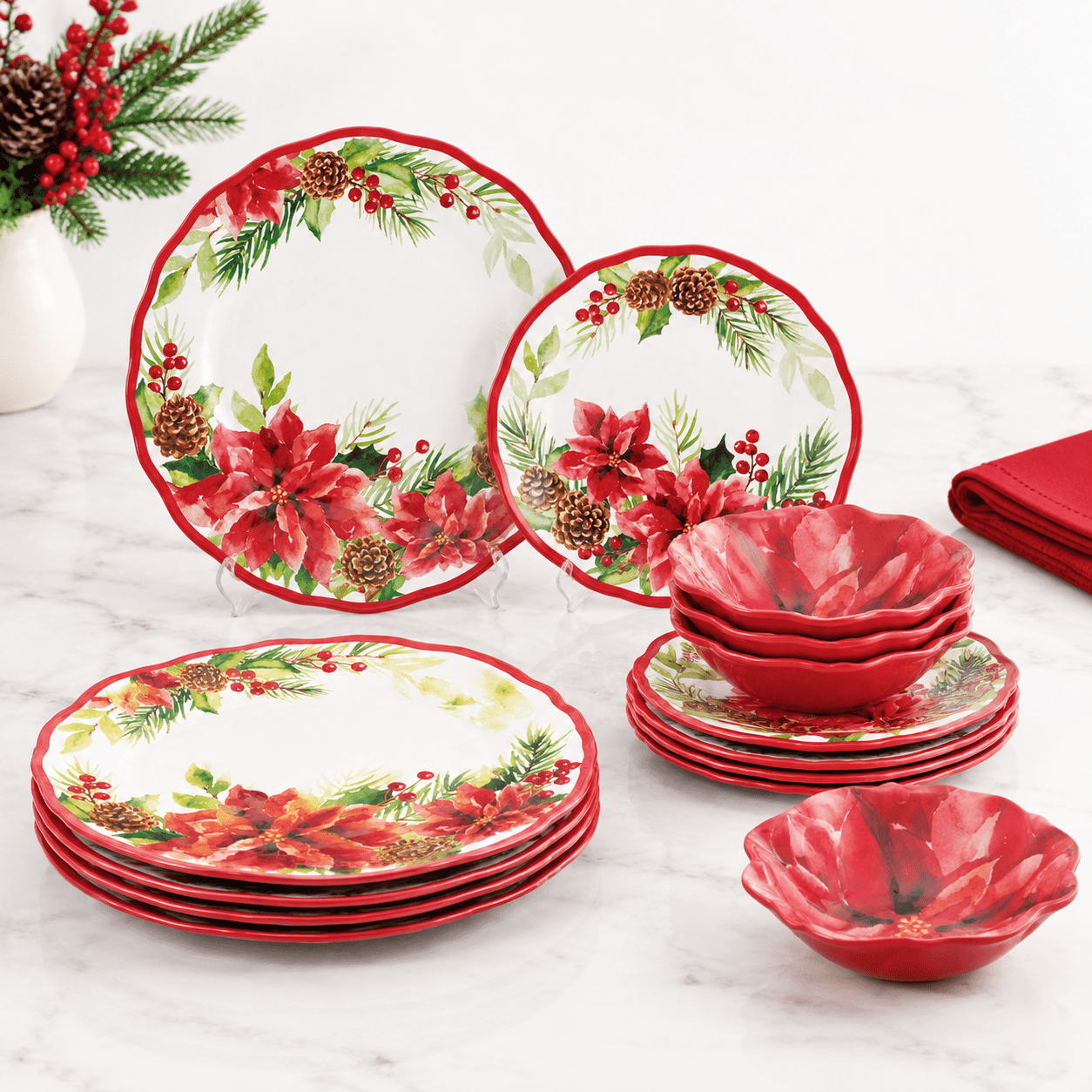 Pongee Set 12 Piece Poinsettias Dinnerware Set for 4, Festive Holiday Tableware ...