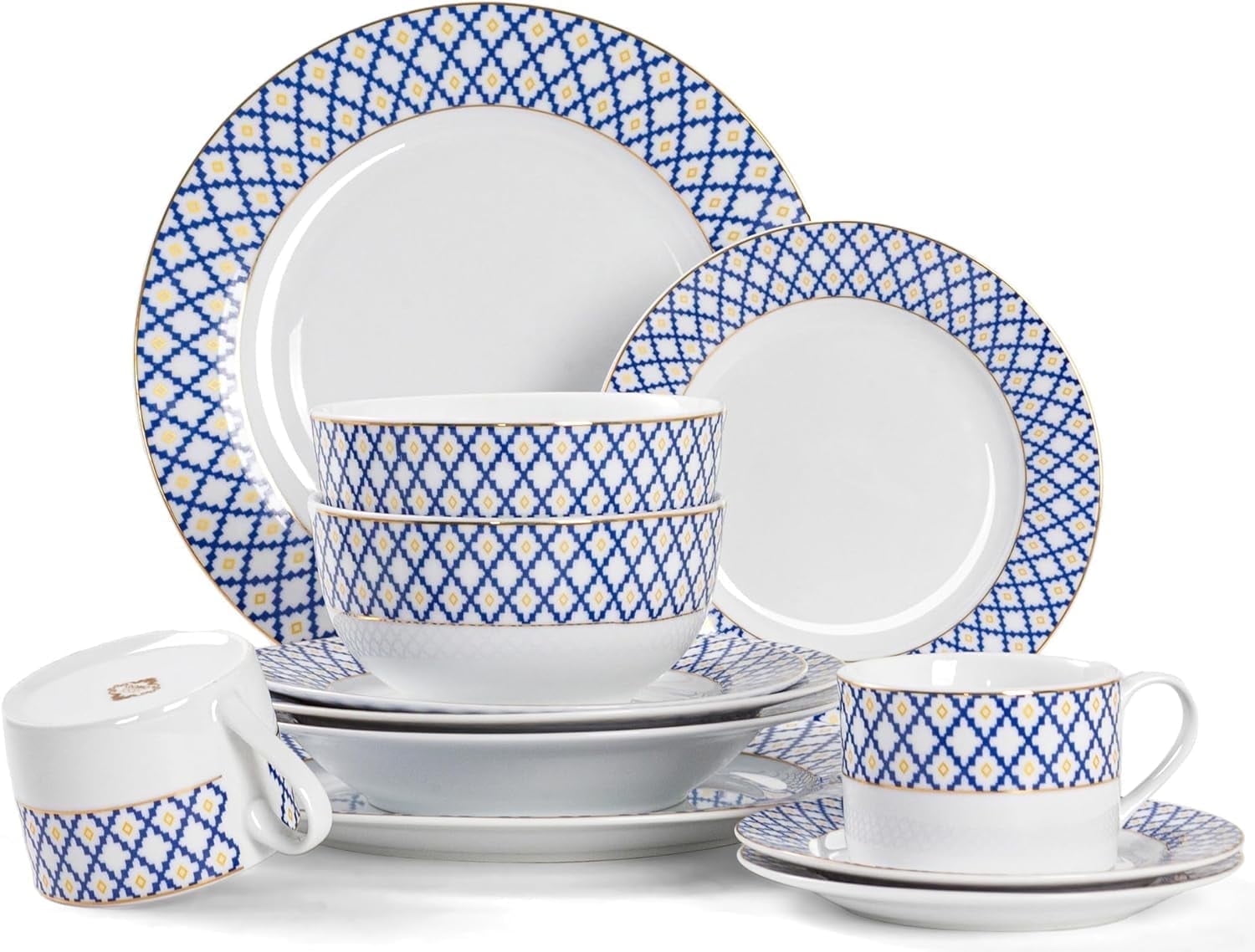 12 Piece Porcelain Dinnerware Set, Premium Plates and Bowls with Golden Rim,Cappuccino Cups with Saucers,Modern Ceramic Dish Set for 2, Blue Plaid and Gold