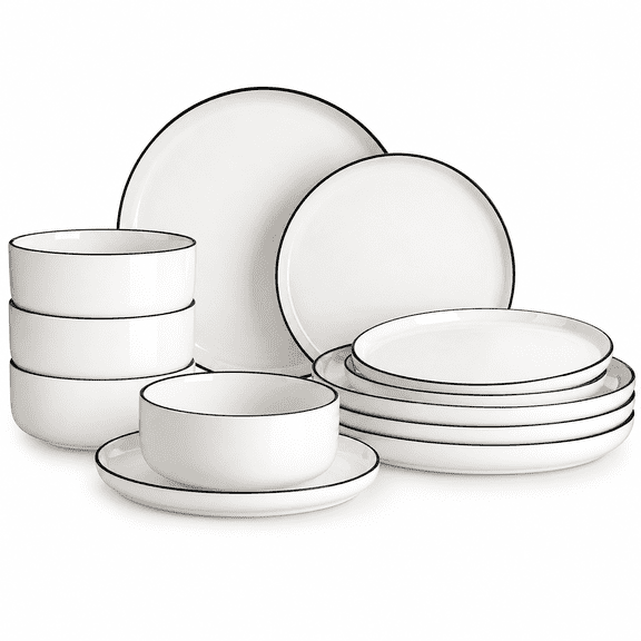 12 Piece Porcelain Dinnerware Set, Service for 4, White with Black Rim