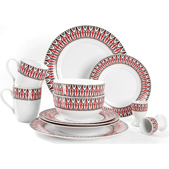 12 Piece Porcelain Dinnerware Set for 2, Premium Plates and Bowls with Golden Rim, Mugs Set and Egg Cups,Red Geometry Checkered Pattern