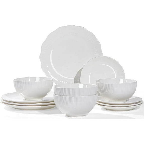 GSHLGAO 12-Piece Porcelain Dinnerware, Ruffle Ray Striped Ceramic Dish Set for 4, Modern Plates and Bowls – White