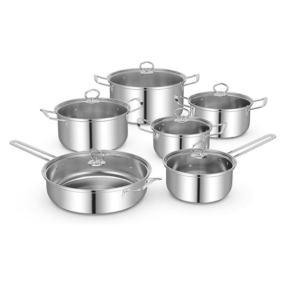 12 Piece Pots & Pans Set, Stainless Steel Cookware Set with Tempered Glass Lids, Handles & 3-Ply Base, 4 Stockpots, 1 Frying Pan & 1 Sauce Pan for , Induction, Halogen