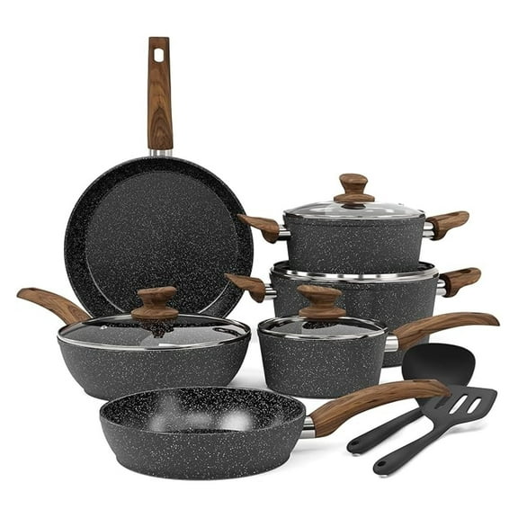12 Piece Pots and Pans Set Non Stick Cookware Sets, Healthy Black Granite Induction Kitchen Cookware (, , Free)