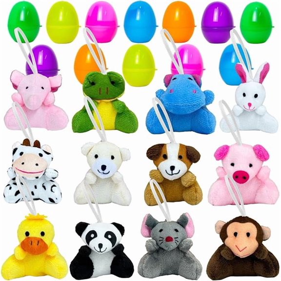 12 Piece Pre Filled Easter Eggs with Mini Plush Animal Toys 2.8 Inch Stuffed Animals Keychains