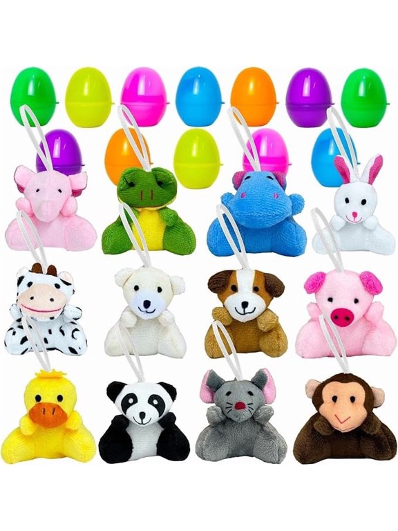 12 Piece Pre Filled Easter Eggs with Mini Plush Animal Toys 2.8 Inch Stuffed Animals Keychains