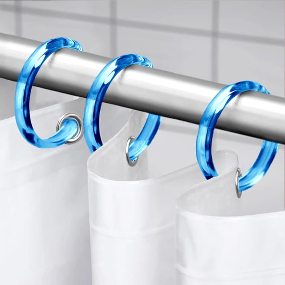 12 Piece Premium Plastic Blue Shower Curtain Hooks Rings Round 2.3" Inches