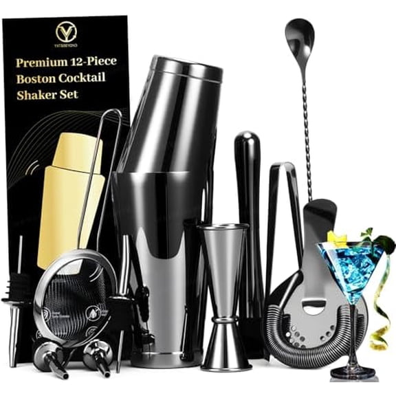 12-Piece Professional Cocktail Shaker Set Bartender Kit | 30oz@0oz Weighted Boston Shaker Tins Japanese Jigger Hawthorne Strainer | Martini Barware Mixing Tools | Housewarming Gift