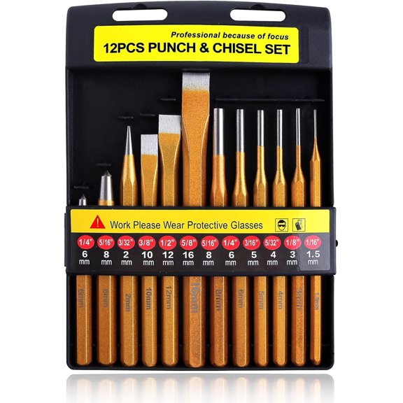 12-Piece Punch and Chisel Set, Heavy Duty Heat Treated Metal Punch Set Including Cold Chisel Taper Punch Pin Punch Center Punch for Mechanics Woodworking Stone Carving with Storage Case