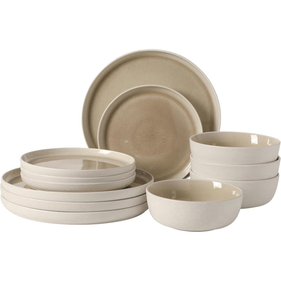 12-Piece Reactive Stoneware Dinnerware Set  Matte Exterior Shiny Interior, Microwave and Dishwasher Safe, Service for 4, Taupe