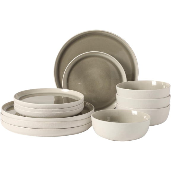 12-Piece Reactive Stoneware Dinnerware Set Service for 4 Grey Matte Exterior Shiny Interior Microwave and Dishwasher Safe