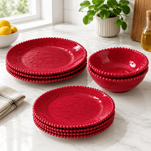12-Piece Red Dinnerware Set with Beaded Ruffled Rim, Service for 4, Ideal for Holiday Gatherings, Camping, and Outdoor Use