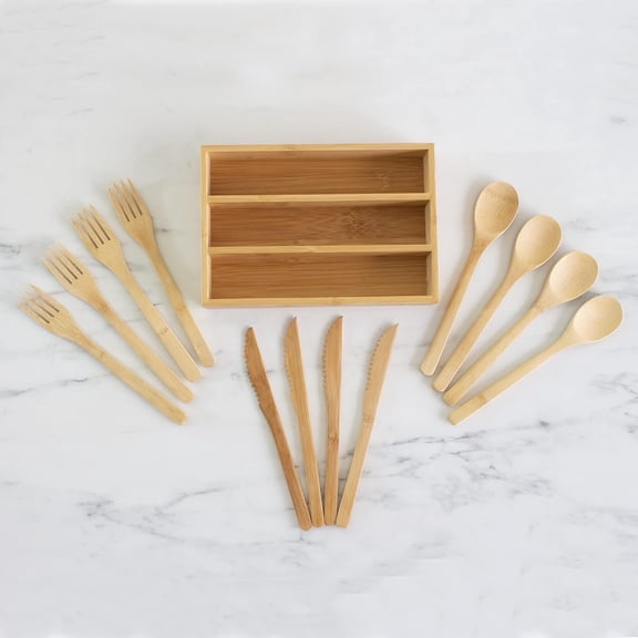 12-Piece Reusable Bamboo Flatware Set with Portable Storage Case, Dishwasher Safe