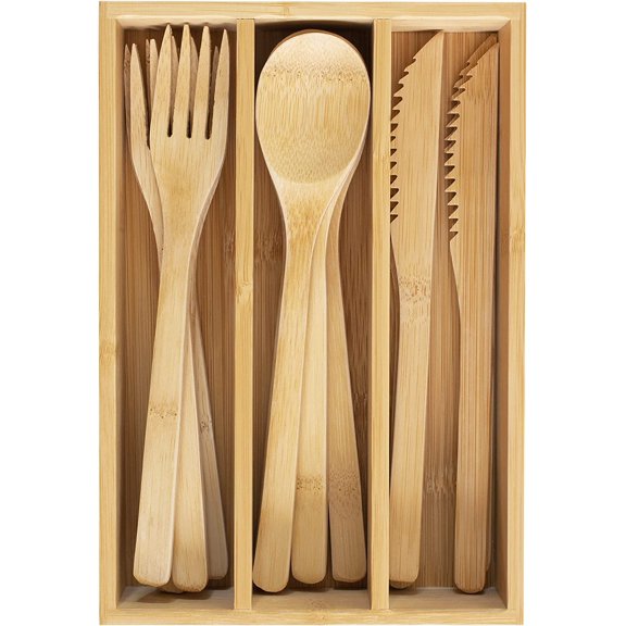 12-Piece Reusable Bamboo Flatware Set with Portable Storage Case, Dishwasher Safe