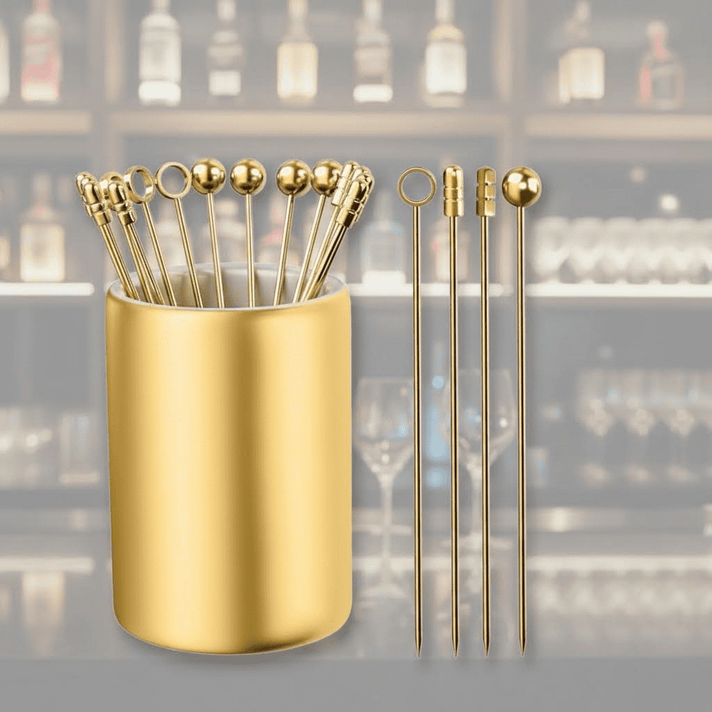 12-Piece Reusable Stainless Steel Cocktail Picks Set with Holder - 304 Grade Garnish Skewers for Olives, Fruit, Appetizers, Bloody Mary, and Martinis