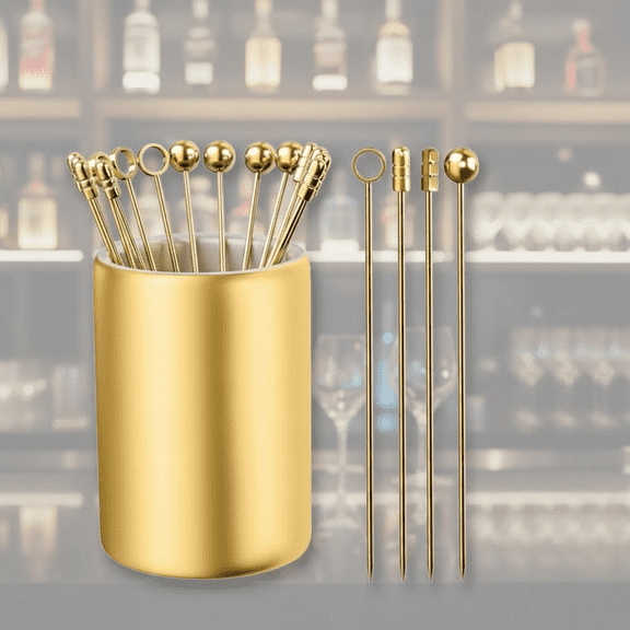 12-Piece Reusable Stainless Steel Cocktail Picks Set with Holder - 304 Grade Garnish Skewers for Olives, Fruit, Appetizers, Bloody Mary, and Martinis