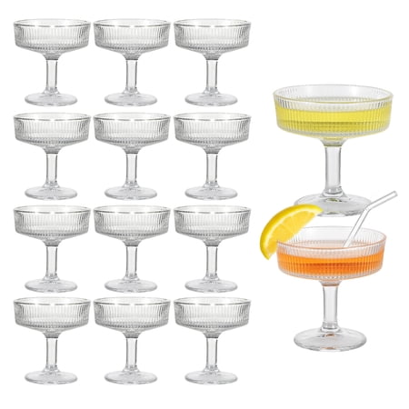 12-Piece Ribbed Coupe Glasses Set. Vintage -Free Crystal Cocktail Glasses for Martini. Champagne and Desserts. Dishwasher Safe Stemware for Home Bar & Party