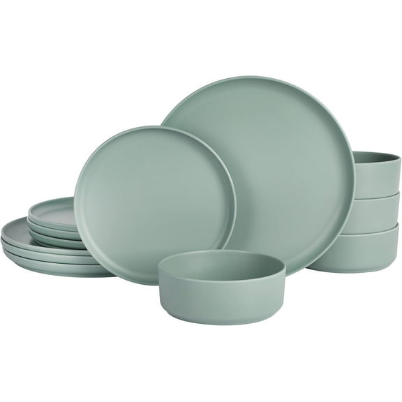 12-Piece Round Melamine Dinnerware Set – Lightweight, Shatter-Resistant Plates & Bowls for 4, Stackable & Dishwasher Safe Tableware – Indoor & Outdoor Use (Sage Green)