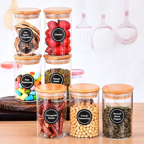12-Piece Round Spice Jars Set with Bamboo Lids & Labels, Heat-Resistant Glass Storage Containers for Spices, Coffee, Candy, Salt, Pepper, and Tea, Pantry & Kitchen Organization