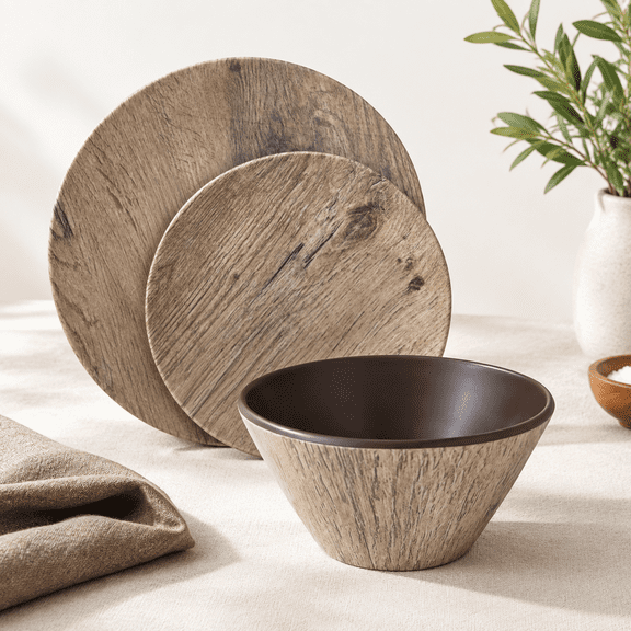 12 Piece Rustic Farmhouse Wood Grain Dinnerware Set, Service for 4