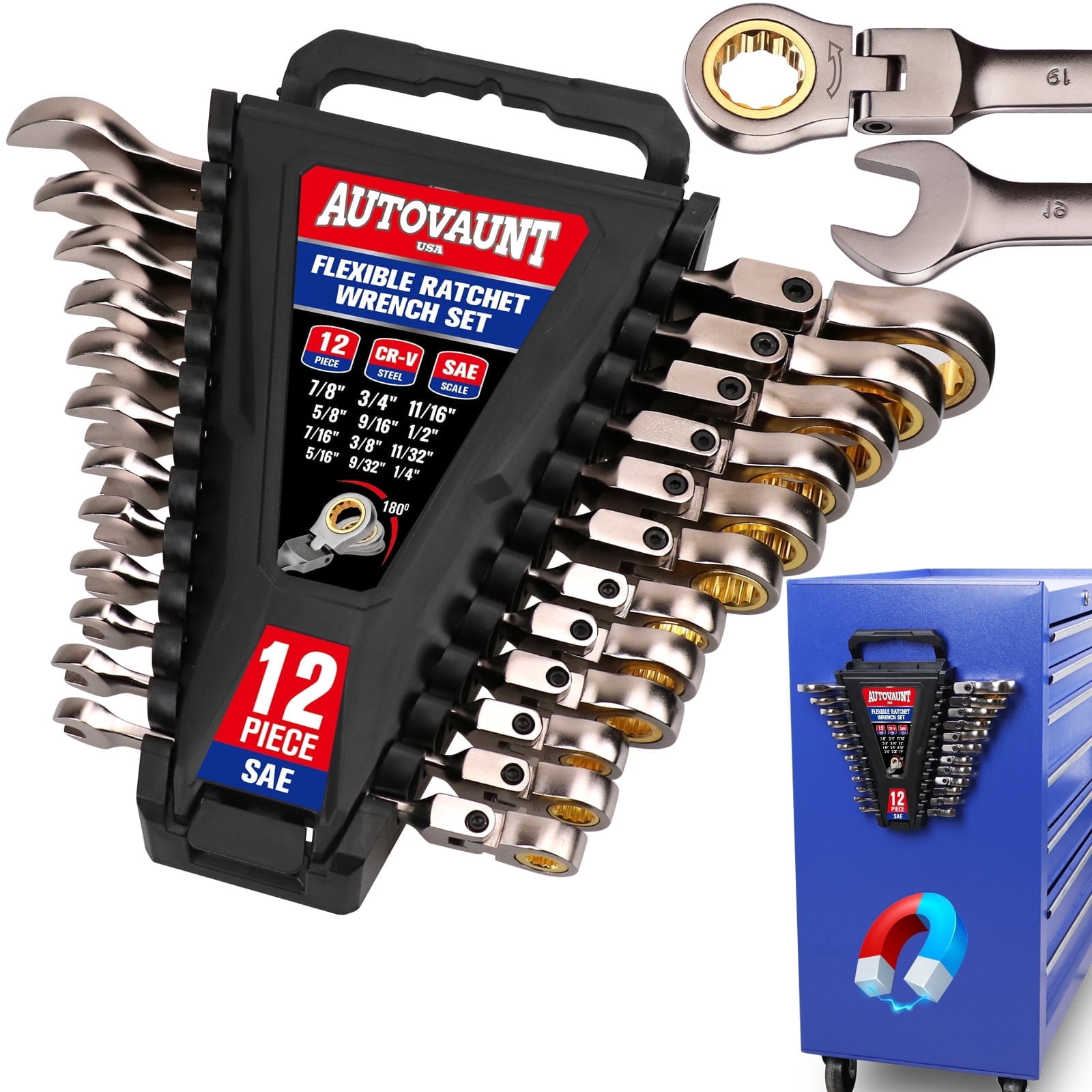 12-Piece SAE Flex-Head Ratcheting Wrench Set with Organizer | 1/4” to 7/8“ Ratchet Combination Wrenches Set | 72-Teeth | Chrome Vanadium Steel