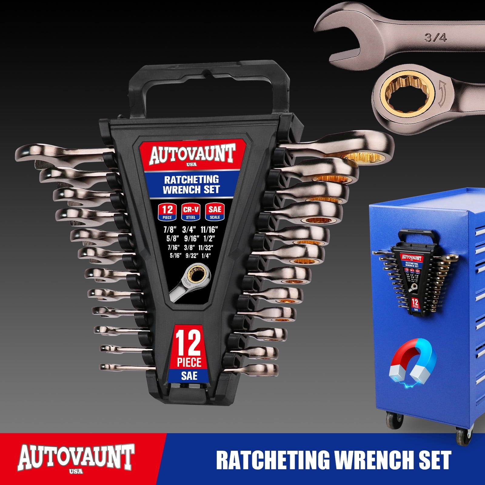 12-Piece SAE Ratcheting Wrench Set | 1/4” to 7/8“ | Ratchet Combination Wrenches Set with Organizer | 72-Teeth | Chrome Vanadium Steel