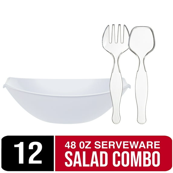 Crown Display 12-Piece Salad Bowl Set - 4 White Disposable Serving Bowls, 4 Plastic Spoons and Forks