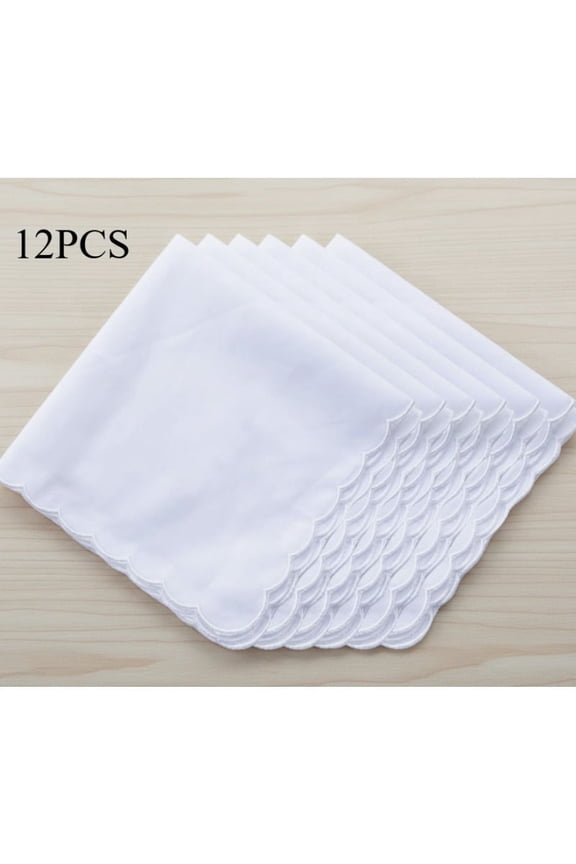 12-Piece Scalloped White Pocket Squares - 12-Inch Pure Cotton Handkerchiefs, Lightweight Towels for Suit Pockets & Purses