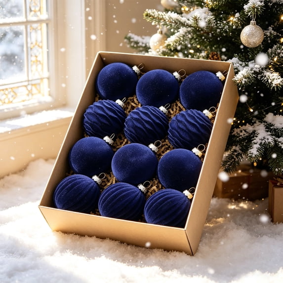 12-Piece Series 2 Flocked Velvet Christmas Ball Ornament Set, 2.4 in, for Christmas Tree, Wreath and Party Decor, Dark Blue