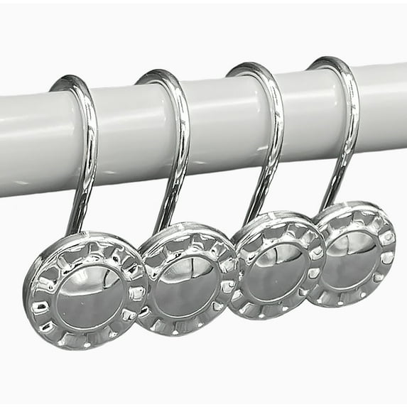 12 Piece Set - Chrome Button Heavy Duty Shower Curtain Hooks Rings Rustproof Metal
