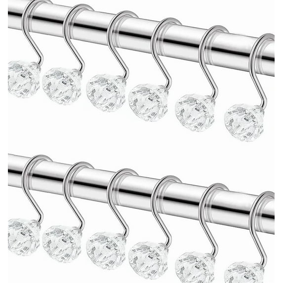 12 Piece Set - Crystal Clear Accent Shower Curtain Hooks Rings Rustproof