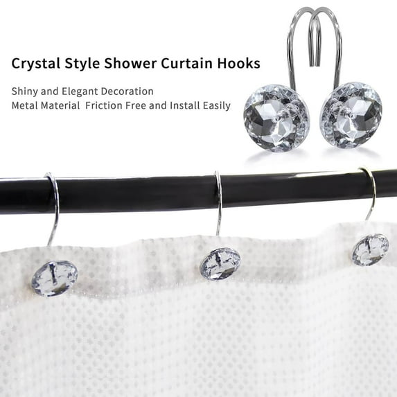 12 Piece Set - Crystal Clear Acrylic Shower Curtain Hooks Rings Rustproof - Crystal Clear