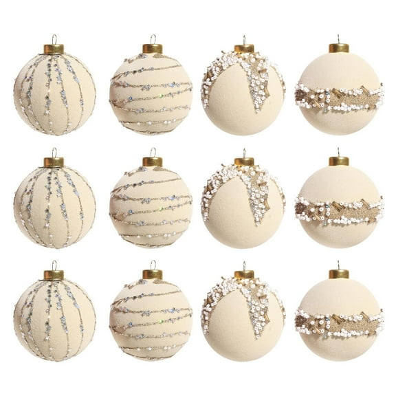 12 Piece Set Flocked Beaded Christmas Ball Ornaments Festive Decor For Tree Wreath Display Sparkling Design With Hanging Loops Measuring 3 Inches Diameter (Beige)