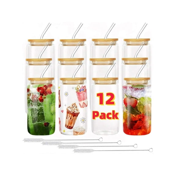 [12-Piece Set] Glass Mason Jars with Bamboo Lids & Straws - 18.7oz/550ml Reusable Drinking Cups, Ideal for Iced Coffee, Water - Perfect for Family Gatherings