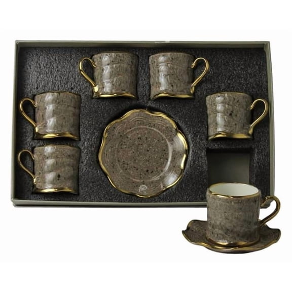 12 Piece Set Hand Made Classic Coffee Tea Cups Mugs With Saucers Large W/Handles Brown/Gold