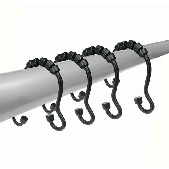 12 Piece Set - Matte Black Heavy Duty Double Ear Shower Curtain Hooks Rings