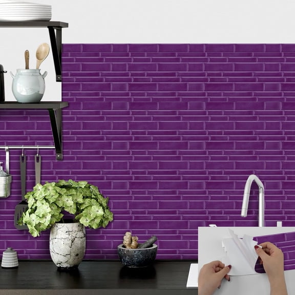 12 Piece/Set Peel and Stick Tile Stickers Purple Marble Pattern 9.68 x 4.72inches DIY Decor Mosaic Wall Decals for Kitchen Bathroom