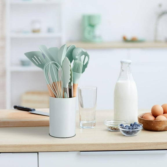 12 Piece Silicone Cooking Utensils Set Non-Stick Cutlery Set Food Grade Silicone Kitchenware Wooden Handle Baking Tools Baking Cooking Small Cookware Set for Apartment, Home (Light green)