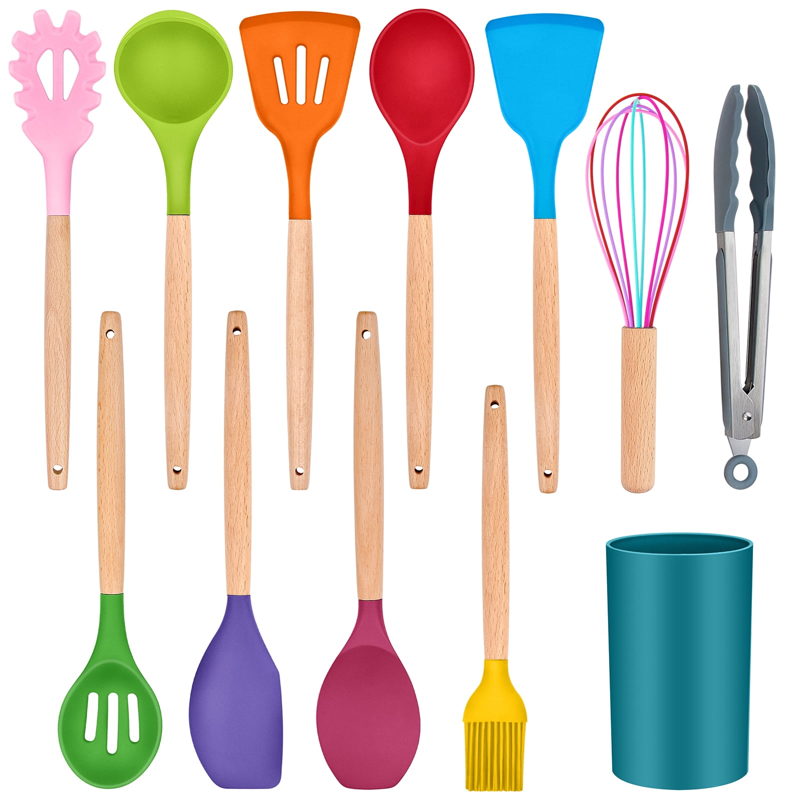 12Piece Silicone Kitchen Cooking Utensils Set with Holder, Wooden