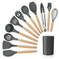 thumbnail image 1 of 12-Piece Silicone Kitchen Cooking Utensils Set with Holder, Wooden Handle Utensils for Cooking, Kitchen Tools Include Spatula Turner Spoons Soup Ladle Tong Whisk, Gray, 1 of 7
