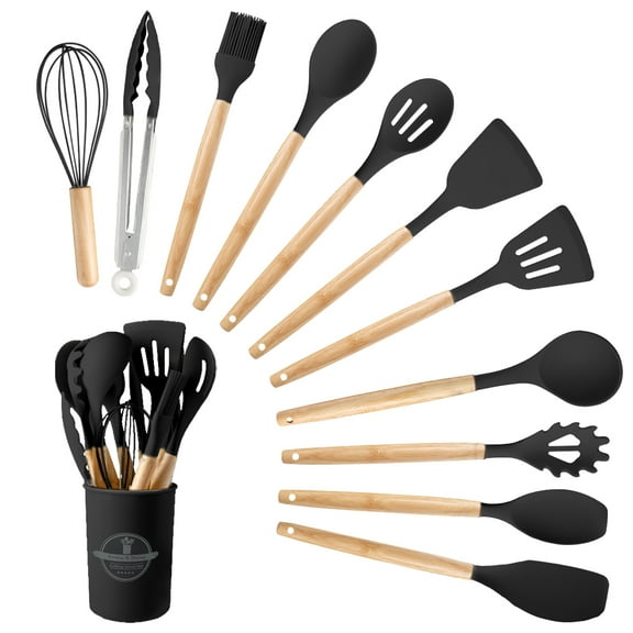 12 Piece Silicone Kitchen Utensil Set Heat Resistant Silicone Kitchen Utensils for Cooking,Kitchen Utensil Spatula Set w Wooden Handles,Holder, BPA FREE Gadgets for Non-Stick Cookware
