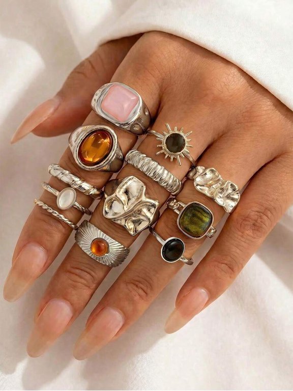 12-Piece Silver-3 Vintage Asymmetrical Stacking Ring Set With Gemstones